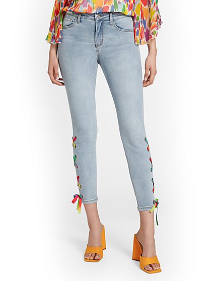 High-Waisted Rainbow Lace-Up Leg Skinny Ankle Jeans - New York & Company
