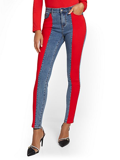High-Waisted Red Colorblock Skinny Ankle Jeans - New York & Company