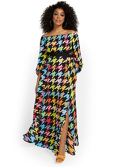 Houndstooth Off-The-Shoulder Cut-Out Maxi Dress - New York & Company