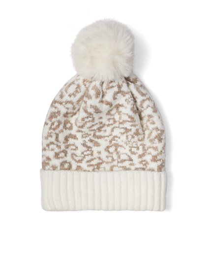 Ivory Leopard-Print Pom-Pom Knit Hat - New York & Company