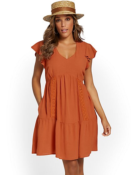 Lace-Accent Flutter-Sleeve Dress - New York & Company