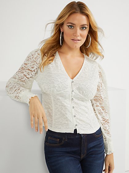 Lace-Detail Button-Down Corset Top - New York & Company