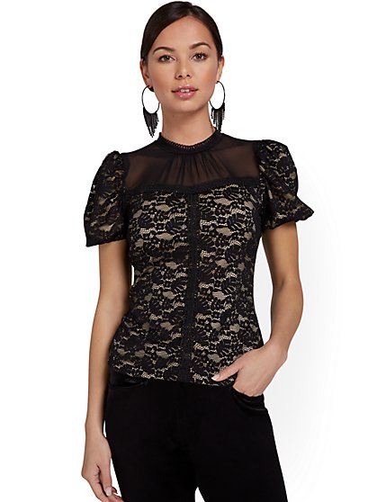 Lace Mesh-Inset Blouse - New York & Company