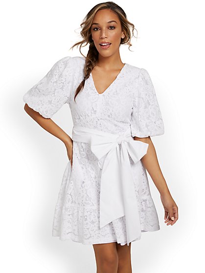 Lace Puff-Sleeve Shift Dress - New York & Company