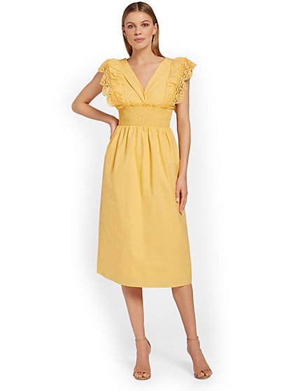 Lace-Sleeve Smocked Midi Dress - Lush - New York & Company
