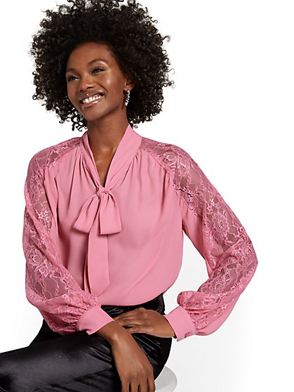Lace-Trim Bow-Front Blouse - New York & Company
