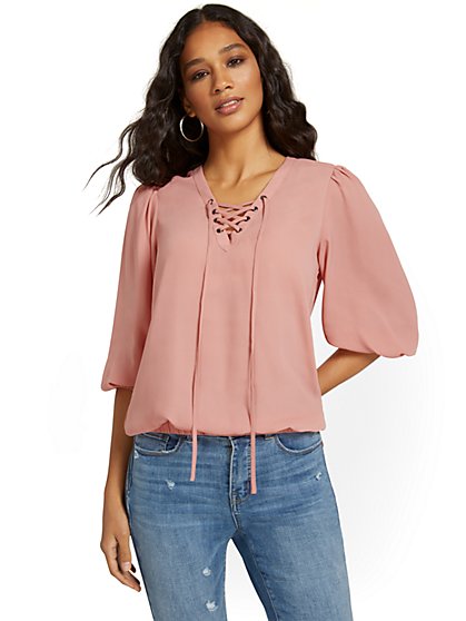 Lace-Up Neck Top - New York & Company