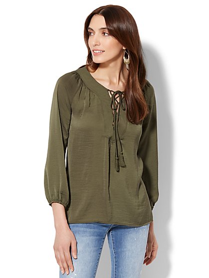 Lace-Up Peasant Blouse - New York & Company