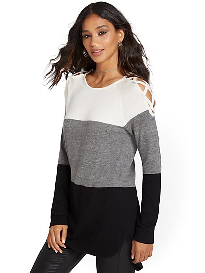 Lace-Up Shoulder Colorblock Sweater - New York & Company