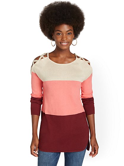 Lace-Up Shoulder Colorblock Sweater - New York & Company