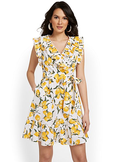 Lemon-Print Ruffle Dress - New York & Company