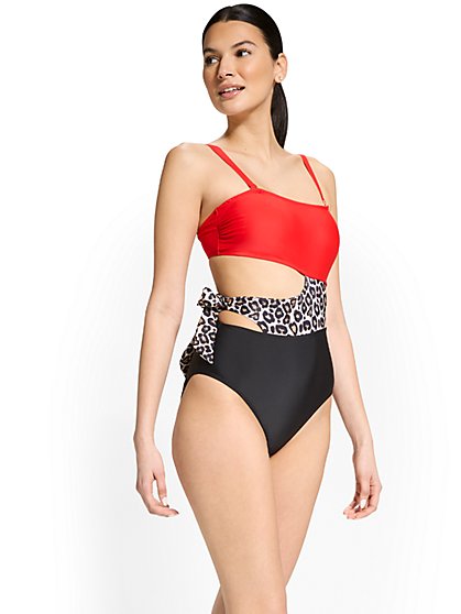 Leopard-Print Colorblock Side-Tie Cut-Out One-Piece Swimsuit - NY&C Swimwear - New York & Company