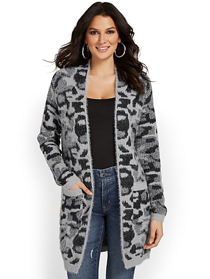 Leopard-Print Fuzzy-Knit Cardigan - Fate Inc - New York & Company