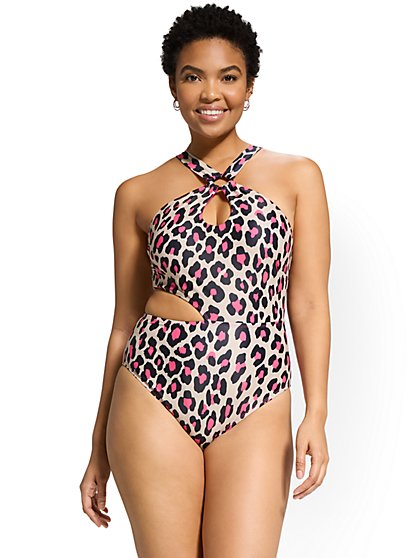 Leopard-Print Halterneck O-Ring One-Piece Swimsuit - NY&C Swimwear - New York & Company