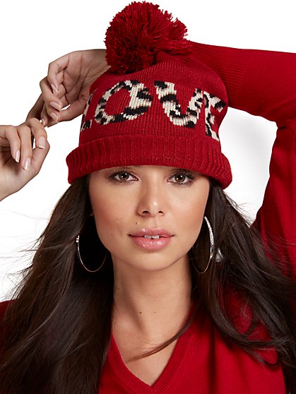 Leopard-Print Love Pom-Pom Knit Hat - New York & Company