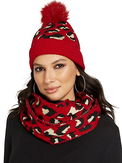 Leopard-Print Pom-Pom Knit Hat - New York & Company