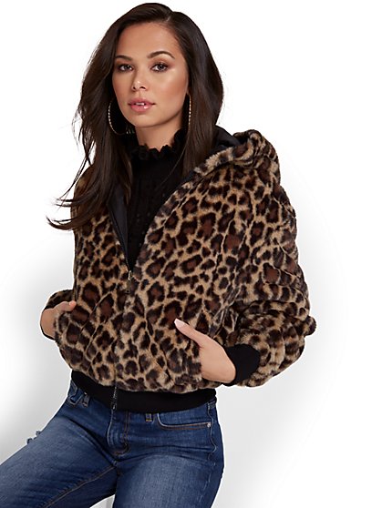 Leopard-Print Reversible Hooded Faux-Fur Jacket - New York & Company