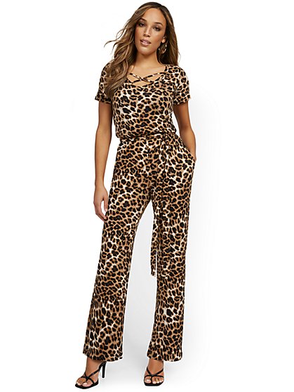 Leopard-Print Short-Sleeve Tie-Front Knit Jumpsuit - New York & Company
