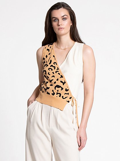 Leopard-Print Splice Wrap Vest - 4Sienna - New York & Company