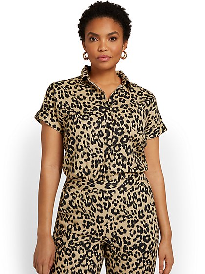 Linen-Blend Button-Front Short-Sleeve Top - Leopard-Print - New York & Company