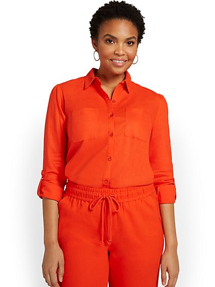 Linen-Blend Button-Front Top - New York & Company