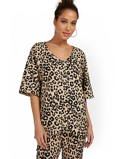 Linen-Blend Leopard-Print Overlap Tunic Top - New York & Company