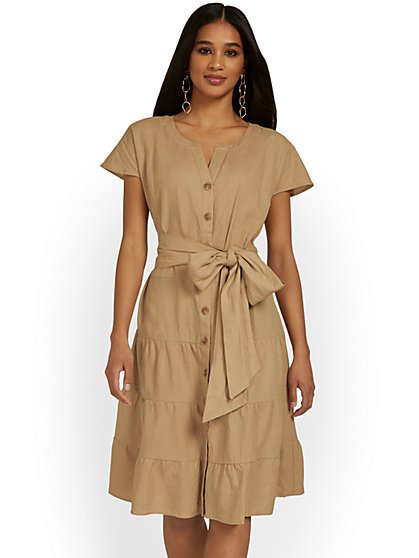 Linen-Blend Split-Neck Tiered Shirtdress - New York & Company