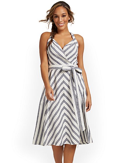 Linen-Blend Striped Halterneck Dress - New York & Company