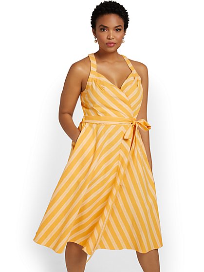 Linen-Blend Striped Halterneck Dress - New York & Company