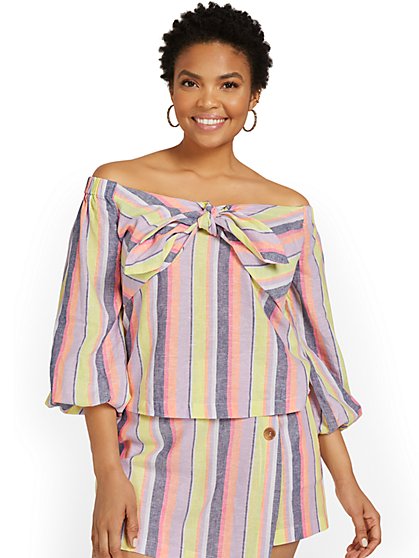 Linen-Blend Striped Off-The-Shoulder Bow-Front Top - New York & Company