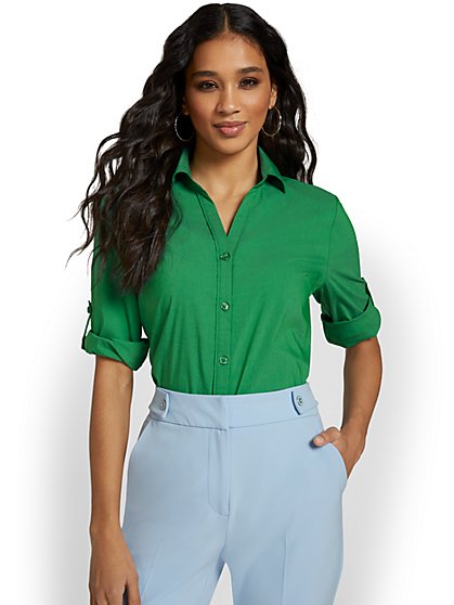 Madison Piped Button-Front Secret Snap Shirt - New York & Company