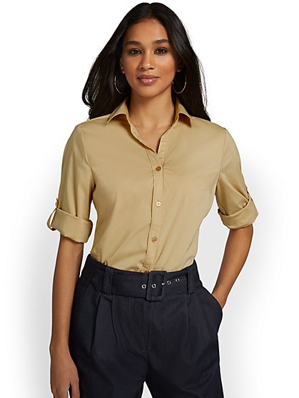 Madison Piped Button-Front Secret Snap Shirt - New York & Company