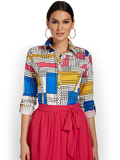 Madison Roll-Sleeve Button-Front Secret Snap Shirt - Geometric-Print - New York & Company