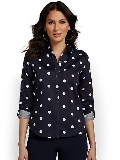 Madison Roll-Sleeve Button-Front Secret Snap Shirt - Polka-Dot - New York & Company