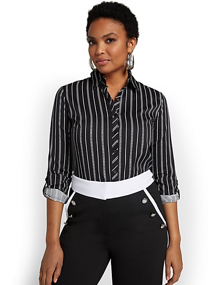 Madison Roll-Sleeve Button-Front Secret Snap Shirt - Striped - New York & Company