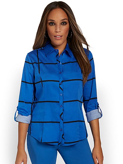 Madison Roll-Sleeve Button-Front Secret Snap Shirt - Windowpane-Print - New York & Company