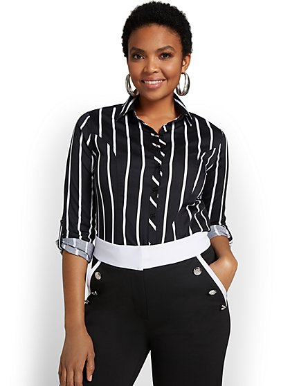 Madison Roll-Sleeve Button-Front Shirt - Striped - New York & Company