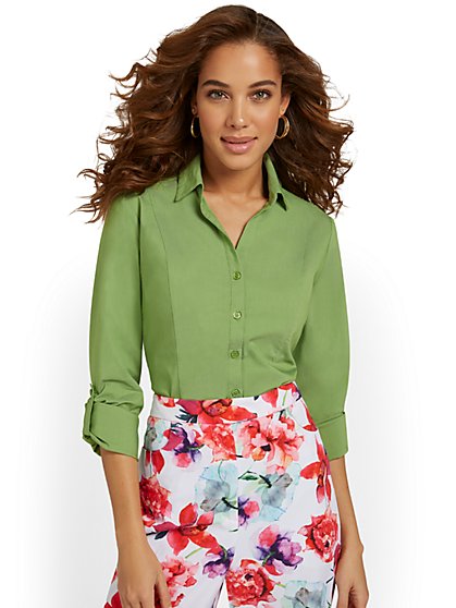 Madison Seamed Button-Front Secret Snap Shirt - New York & Company