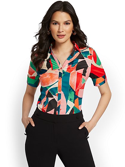 Madison Short-Sleeve Button-Front Shirt - Abstract-Print - New York & Company