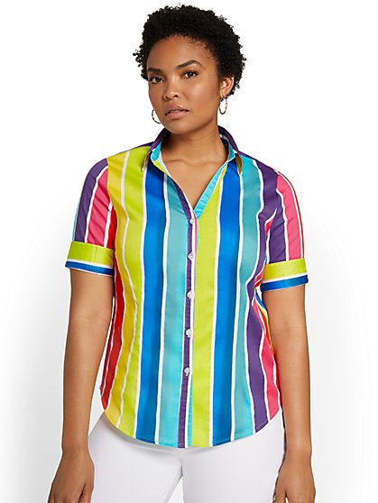Madison Short-Sleeve Button-Front Shirt - Striped - New York & Company
