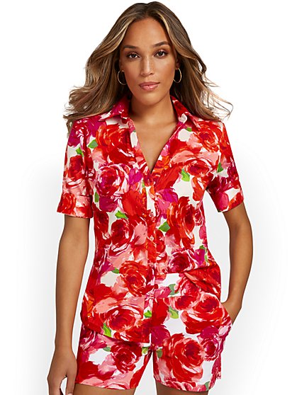 Madison Short-Sleeve Ruched Button-Front Secret Snap Shirt - Floral-Print - New York & Company