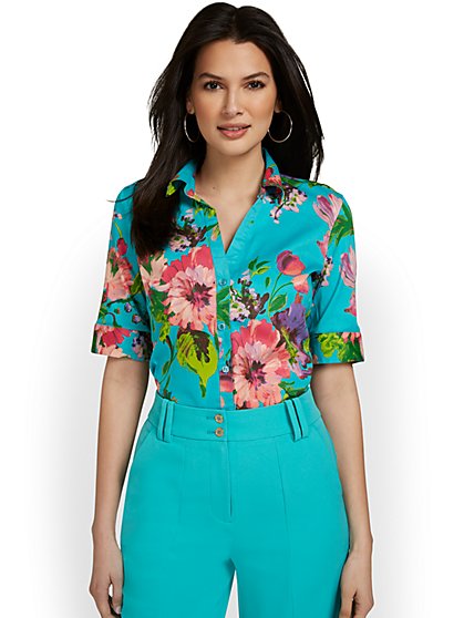 Madison Short-Sleeve Ruched Button-Front Secret Snap Shirt - Floral-Print - New York & Company