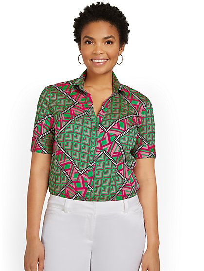 Madison Short-Sleeve Ruched Button-Front Secret Snap Shirt - Geometric-Print - New York & Company