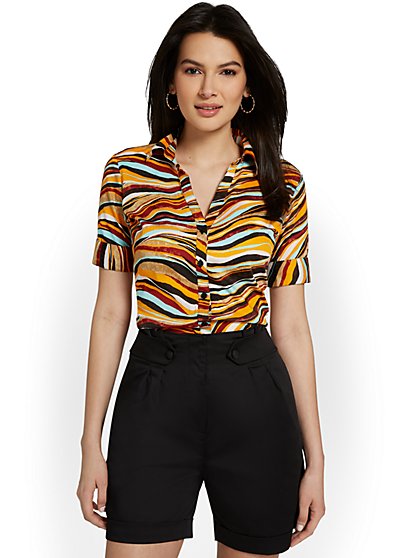 Madison Short-Sleeve Ruched Button-Front Secret Snap Shirt - Zebra-Print - New York & Company