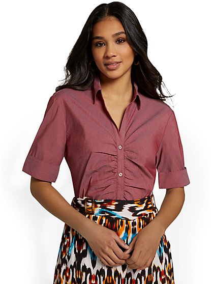Madison Short-Sleeve Ruched Button-Front Secret Snap Shirt - New York & Company