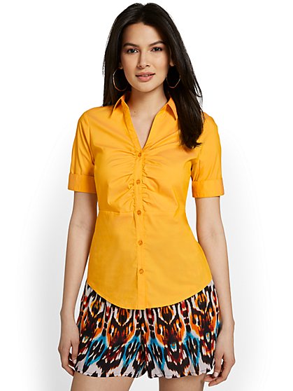 Madison Short-Sleeve Ruched Button-Front Secret Snap Shirt - New York & Company