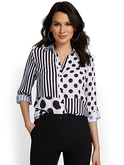 Mixed-Print Button-Front Blouse - New York & Company