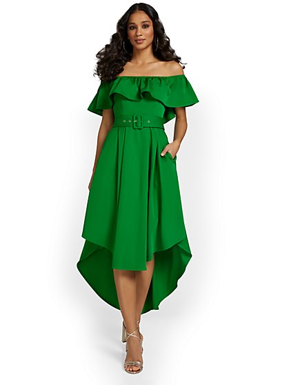 Off-The-Shoulder Belted Handkerchief Dress - Flying Tomato - New York & Company