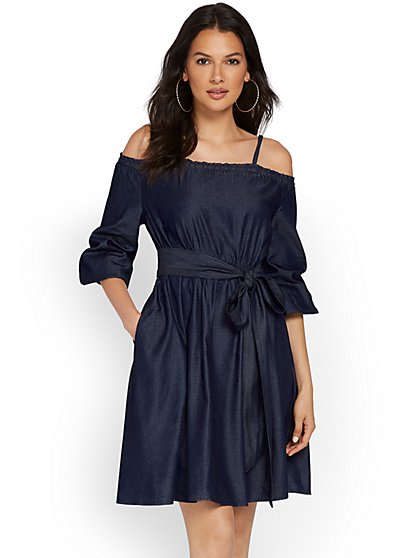 Off-The-Shoulder Chambray Balloon Dress - New York & Company