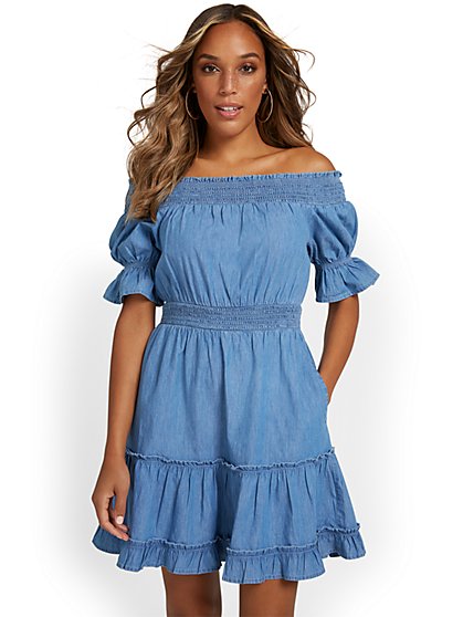Off-The-Shoulder Chambray Dress - New York & Company